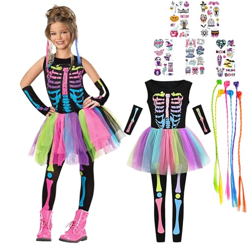 MxsFrundel 15 Pieza Disfraz Halloween Niña Esqueleto,(Disponible en Tres Tamaños,Altura 102-152 cm) Esqueleto Color Disfraz Halloween Niños(Talla S:Altura 102-115 cm,4-6 Años)