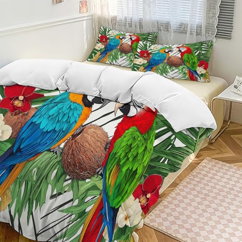 Parure de lit perroquet queen size avec housse de couette imprimée tropicale
