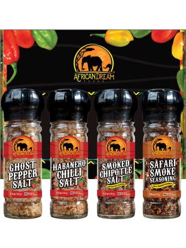 Spicy Salts and Seasonings Gift Box by African Dream Foods | 4-Pack Variety with Reusable Grinder | Safari Smoke Seasoning, Ghost Pepper Salt, Habanero Salt, Smoked Chipotle Salts | All-Natural | Made in Africa