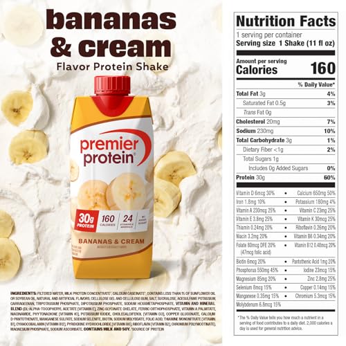 Image of Premier Protein Shake, Bananas & Cream, 30g Protein, No Added Sugar, 24 Vitamins & Minerals to Support Immune Health, 11 fl oz, 4 Pack (Packaging May Vary)