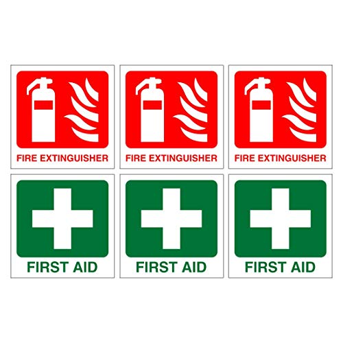 Image of Pack of 6 Signs 3X fire Extinguisher and 3X First aid Each Sticker is 90mm x 90mm self Adhesive Vinyl Ideal for All Businesses