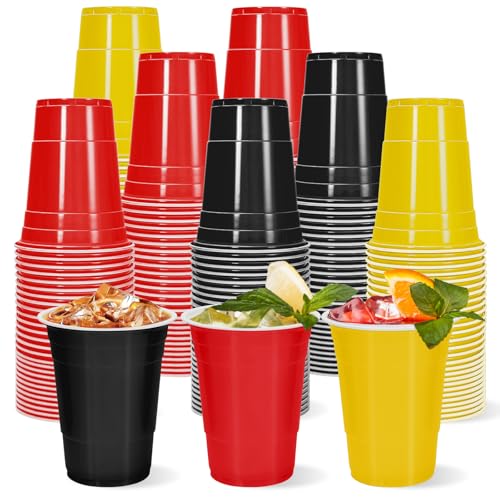 Whaline 60 Pcs Colored Plastic Cups 16 Oz Black Red Yellow Plastic Cups Cartoon Monster Disposable Cup for Birthday Baby Shower Party Supplies