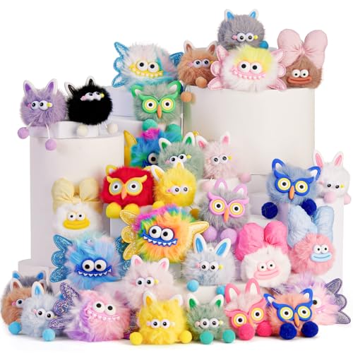 Tacobear 24 Stück Pom Pom Schlüsselanhänger Mitgebsel Kindergeburtstag, Plüsch Anhänger Set mit Monster und Tieren für Rucksack Deko, Pinata Füllung, Party Gastgeschenke Kinder Mädchen Junge