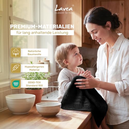 Lavea® 5er Set Gästehandtücher 30x50 cm, Weiche & Saugstarke Gästetücher aus 100% Baumwolle, Frottierserie Elena, Waschbar 60°C, Trocknergeeignet - Schwarz