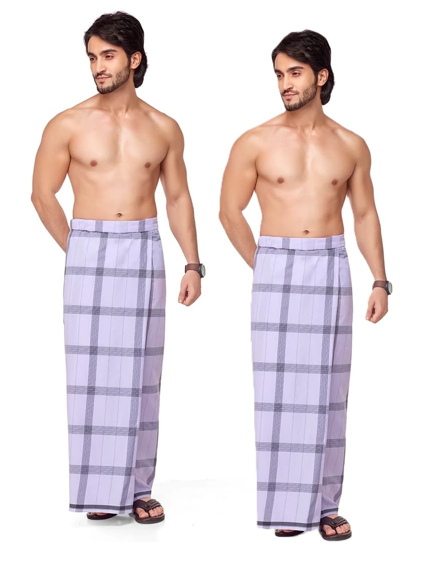 Brand Men's Cotton White Checked Lungi - 2Pcs Pack (Checked Pattern May vary, 2.10Mts Free Size) # Stitched Ready to Wear # White With Black checked Lungi #-image-24
