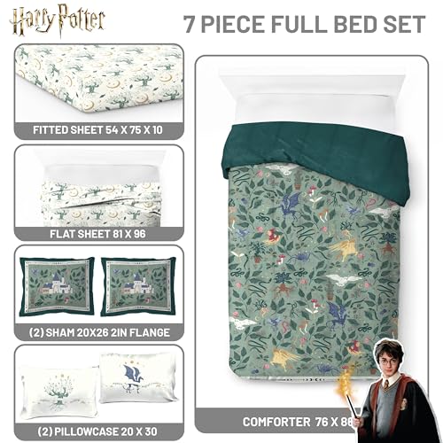 Image of Harry Potter Full Comforter Set 7 Piece Soft Floral Bedding, Green | Hogwarts, Bed in a Bag, Comforter Sheets Shams Pillowcases, Official Product, Soft Microfiber, Machine Washable, Easy Care