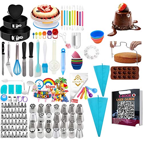 443 PCS Cake Decorating Supplies Kit with Cake Turntable and 48 Numbered Piping Tips with Pattern Chart, Baking Tools Set, 3 Packs Springform Cake Pans, Fondant tools Measuring cups & Spoons (443PCS)