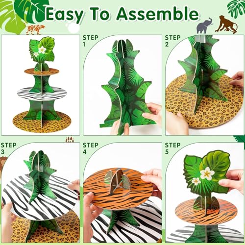 BeYumi Wildtiere-Muster Party Dekorationen Cupcake Stand, 3-Ebenen Savanne Wildtier Cupcake Tower Karton Desserthalter Kuchenplatte für Wildtier-Thema Geburtstagsparty Baby Shower, 54x108 Zoll