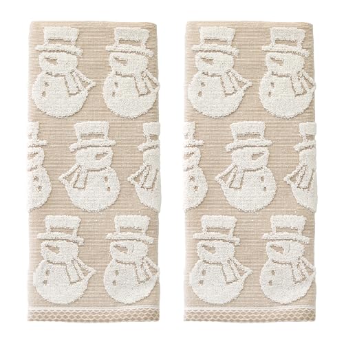 SKL Home Christmas/Winter Snowman Jacquard 100% Cotton Reversible 2pc Hand Towel Set Soft & Absorbent Decorative for Bath/Kitchen/Bar & Gift Tan