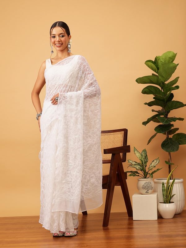 Image of Ada Hand Embroidered Lucknowi Chikankari Georgette Saree for Women with Unstitched Blouse Piece Tepchi Saree-3590