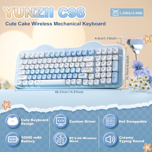 Image of YUNZII C98 Wireless Mechanical Keyboard with Number Pad,98 Key BT5.0 /2.4G /USB-C Hot Swap Gasket Mount with PBT MOA Keycaps,Custom RGB,Cute Cake Keyboard for Win /Mac (Blue, Milk V2 Linear Switch)