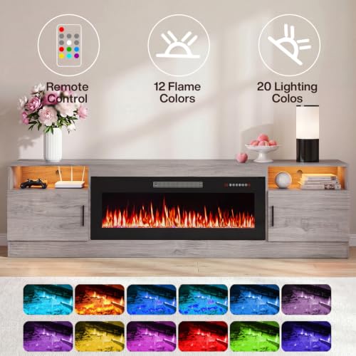 Image of Waleaf 80 inch Fireplace TV Stand with 40 inch Electric Fireplace,20 Colors LED Lights Entertainment Center for Living Room,Large High Gloss TV Console Cabinet for Televisions up to 90+ Inch