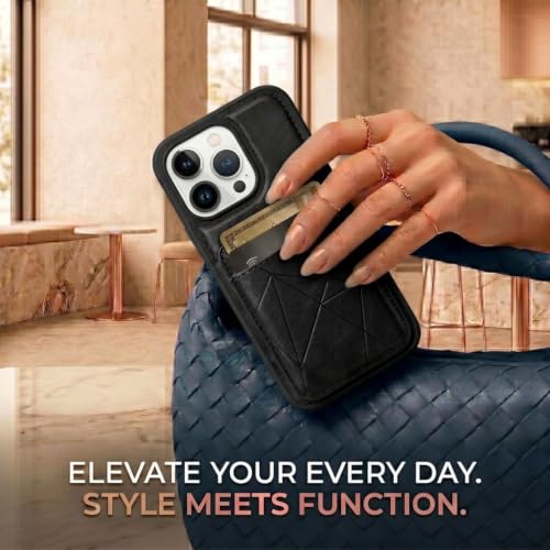 Image of amazon basics Premium Vegan Leather Back Cover with Card Holder and Integrated Mobile Stand for iPhone 14 Pro - Slim Shockproof Wallet Case with Geometric Stitching [Black]
