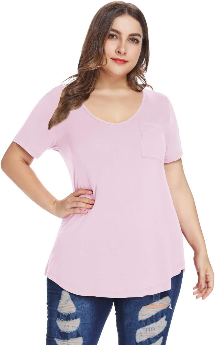 MONNURO Plus Size Tunic Tops for Women Casual T Shirts V Neck Summer Short Sleeve Blouse with Pocket - Image 5