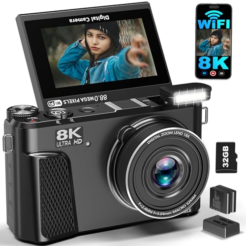 8K Digital Camera for Photography, 88MP WiFi Vlogging Camera for YouTube, 3" 180°Flip Screen & 18X Digital Zoom Autofocus Vlog Cameras with Lens Cap, 32GB Card, 2 Batteries, Gunmetal