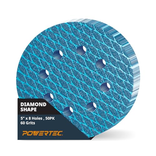 Image of POWERTEC 5 Inch 8-Hole Hook and Loop Diamond Shaped Sanding Discs, 50PK, 60 Grit for Random Orbital Sanders - J-Weight Cloth Backing for Long Life, Anti-Clog Sandpaper (44906)