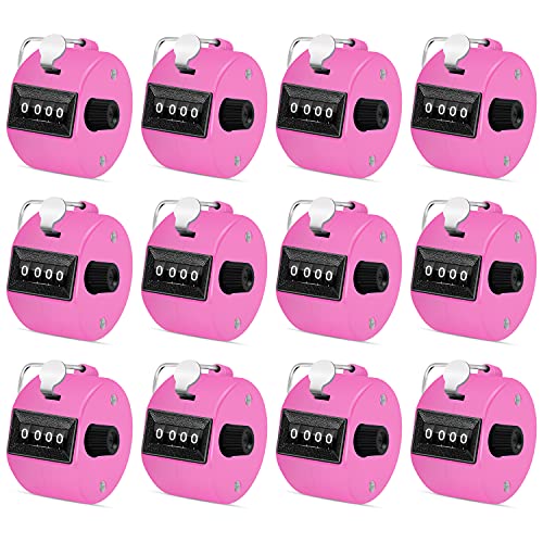 Eliamo 12 Pcs Hand Tally Counter 4-Digit Lap Counter Clicker, Manual Mechanical Handheld Pitch Click Counter with Finger Ring for School Golf & Knitting Row Croche, Pink