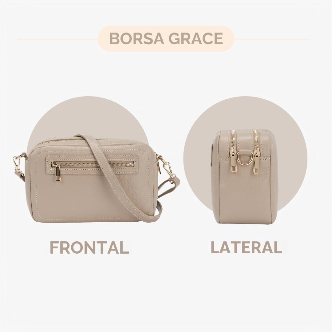 Bolso de Hombro de Cuero Mujer, Made in Italy, 2 Compartimentos con Cremallera, Bolsillo frontal, Correa de Hombro Ajustable