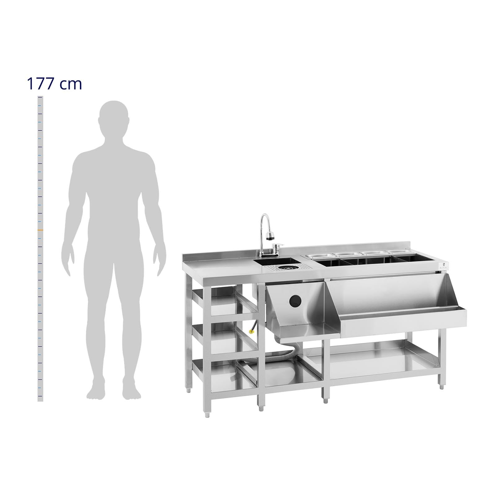 Royal Catering RCBT-02 - Stazione per Cocktail Con Contenitore per Ghiaccio 4 GN 1/9, Bicchieri e Portabottiglie - in Acciaio Inox per Bar