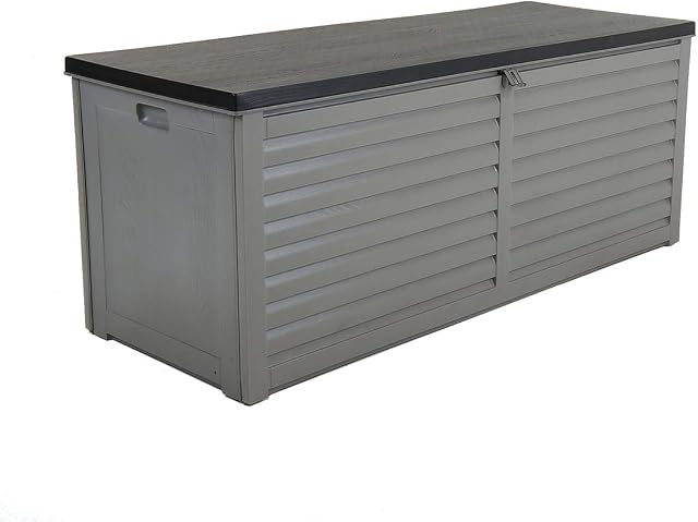 Charles Bentley 390L Large Outdoor Garden Plastic Storage Box, Padlock Hasp, 143.5 x 53.4 x 56.8cm, Grey/Black
