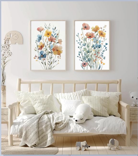 Image of Framed Colorful Flowers Canvas Wall Art for Bathroom Decor, Blue Floral Print, Yellow Orange Flowers Artwork Pictures Poster for Bedroom Living Room Office Decoration 12 inchx16 inchx2 Panels