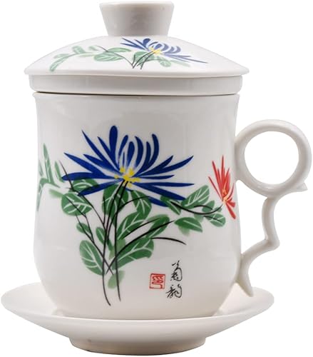 HODRME JingDeZhen - Juego de 4 tazas de té de porcelana china hechas a mano con sistema de preparación de té de hojas sueltas para la oficina en