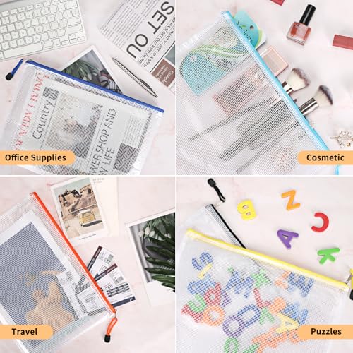 Image of EOOUT 100pcs Mesh Zipper Pouch, A4 Size, 10 Colors Zipper Bags for Organizing Storage, Waterproof Puzzle Bag, Zipper File Bags for Board Games and School Office Supplies