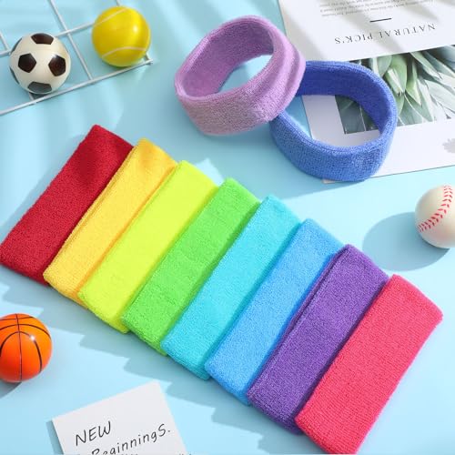 Image of Crowye 100 Pcs Neon Sweatbands Bulk 80s 90s Sports Headbands Colourful Tennis Headbands International Countries Sports Games for Men Women Competitions Glow Party