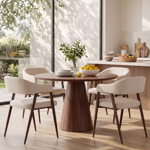 Image of HNY Modern Dining Chairs with Arms Set of 4, Beige Linen Upholstered Chairs