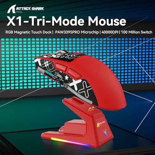 Image of MAMBASNAKE Attack Shark X1 Wireless Gaming Mouse with RGB Charging Dock,PAW3395 PRO Sensor 40K DPI,1KHz Polling Rate 53g Superlight Tri-Mode Computer Mice,5 Programmable Buttons for Win /MAC-Red&Tape