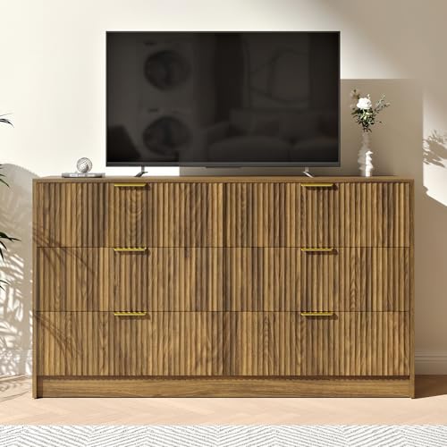 Image of Walnut 6 Drawer Dresser Bedroom,55 inch Wide Fluted Dresser Wood with Gold Handles,Mid Century Wooden Chest of Drawer for Closet,Bedroom,Living Room,Walnut