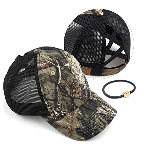 C.C Exclusives Washed Distressed Cotton Denim Criss-Cross Ponytail Hat Baseball Cap Bundle Hair Tie (BT-780) (Mossyoak)