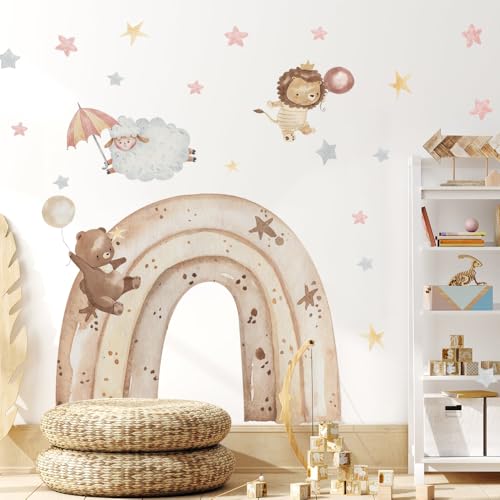 Image of Rainbow Wall Stickers for Kids Room Decoration - Animal Nursery Decor Wall Decals for Baby Room - Waterproof Removable Teddy Bear Lion Sheep Star Wall Stickers for Bedroom Playroom Girls Boys Nursery