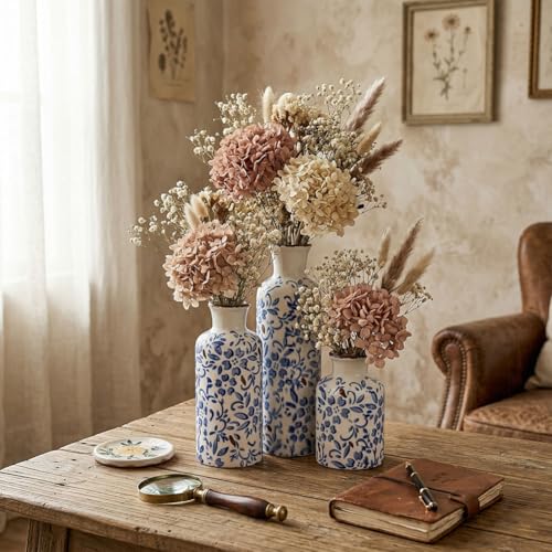 Image of Chinoiserie Decor Ceramic Vases Set - 3 Blue and White Vase, Chinoiserie Vase Farmhouse Country, Flower Vases Home Decor, Living Room Decoration, Entrance, Fireplace, Table Decoration, Centerpieces