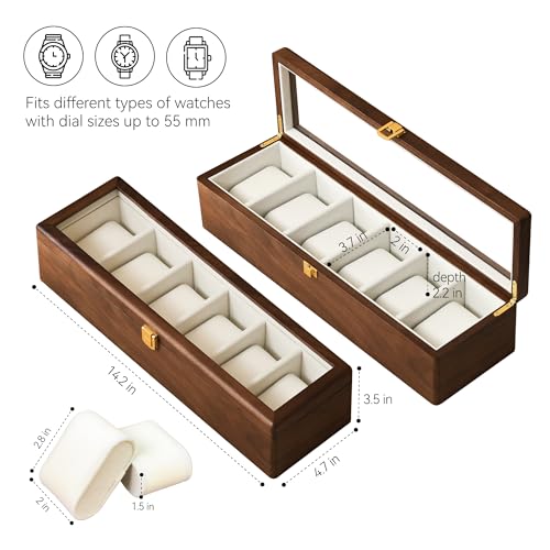 Image of Solid Black Walnut Watch Box, 6 Slot Wooden Watch Organizer with Glass Lid, High-End Watch Display Case Jewelry Storage Box, Gift for Husband, Dad, Birthday, Anniversary, Father's Day, Men and Women
