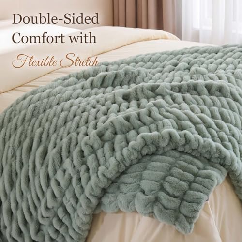 ANRONGIA Luxury Faux Rabbit Fur Throw Blanket for Couch, Double-Sided Reversible Thick Plush Gift Throw, Soft Warm Bed Throw Home Decor, Sage Green, 50''x60'' — view 5