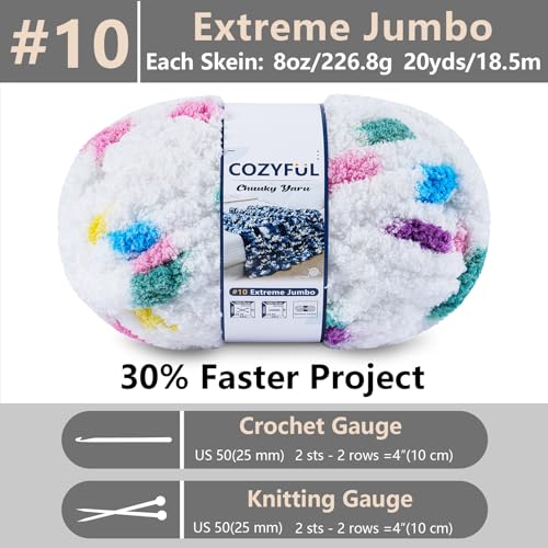 Image of Cozyful Chunky Yarn for Hand Knitting - #10 Chunky Chenille Blanket Yarn, Jumbo Big Thick Chunky Yarns for Crocheting, Tie Dye Bulky Knit Yarns, 8 Skein (20 yds 8 oz Each Skein), Rainbow & White