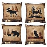 Set of 4 Vintage Bear Throw Pillow Covers,Cabin Deer Hunting Cushion Case for Home Living Room Decor, Reversible Farmhouse Wolf Animals Brown Yellow Decorative Throw Cushion Case, 18x18 Inches