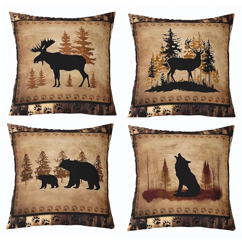 Set of 4 Vintage Bear Throw Pillow Covers,Cabin Deer Hunting Cushion Case for Home Living Room Decor, Reversible Farmhouse Wolf Animals Brown Yellow Decorative Throw Cushion Case, 18×18 Inches