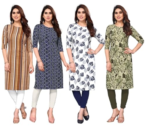 Image of JAKHANA Women's Crepe Printed Casual Straight Calf Length Round Nick Kurta Pack of 4