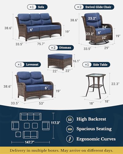 HILLGA Luxury Patio Furniture Set with 6-inch Thick Cushion, Outdoor Couch, Loveseat and High Back Swivel Rocker Patio Chairs, 7PCS Wicker Conversation Set for Deck Yard and Poolside, Blue (V2)