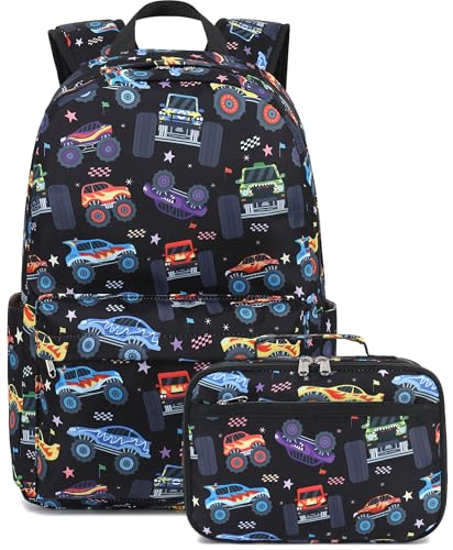LEDAOU Mochila para meninos e meninas, conjunto de lancheira, mochila escolar infantil de 40,6 cm para pré-escola e jardim de infância, Carro preto, Medium, Mochila com lancheira
