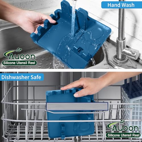 Image of Auoon Silicone Spoon Rest with Lid Holder - 3 in 1 Kitchen Utensil Rest for Soup Ladles, Pot Lids, Spatulas, Spoons, Tongs, BPA Free & Dishwasher Safe, 8.26 x 8.06 Inch (Fog Blue, Large)