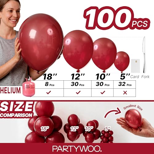 Image of PartyWoo Burgundy Balloons 100 pcs Different Sizes of 18 12 10 5 Inch Dark Chestnut Red Maroon Balloon Arch Kit Garland for Birthday Graduation Anniversary Cherry Casino Party Decorations Red-Y62