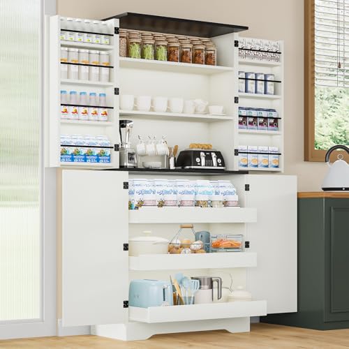 REVOMINCA 72' Kitchen Pantry Storage Cabinet, Kitchen Pantry Cabinet with Barn Door, Storage Cabinet with Drawers & Adjustable Shelves, Pantry for Kitchen, Dining Room, White