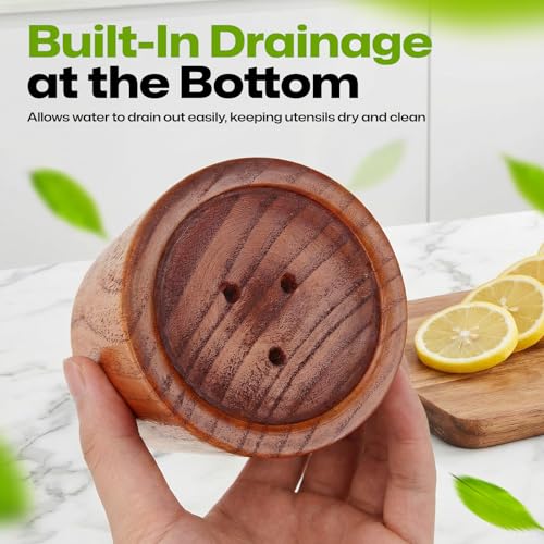 AIUHI Wooden Utensil Holder for Kitchen Counters - Large 5.9" x 4.3" Wooden Organizer for Spatulas and Spoons - Image 6