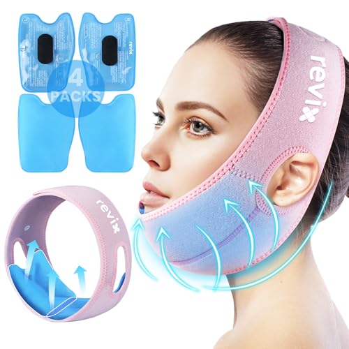 Image of REVIX Wisdom Tooth Ice Pack Wrap with 3D Sewing Design Face Ice Wrap for Jaw, TMJ, Oral Discomfort, Teeth Removal and Dental Implants, Super Snug Fit with 4 Hot Cold Packs Reusable, Pink