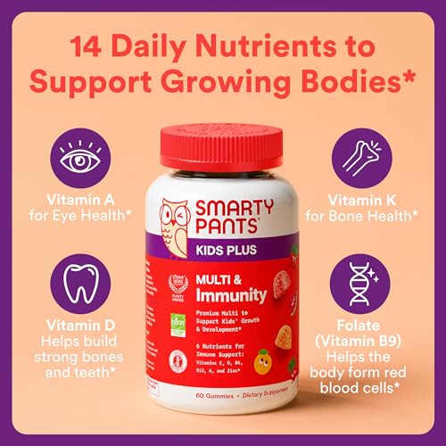 Image of SmartyPants Kids Plus Multi & Immunity Multivitamin Gummies with Vitamins C, D, B6, B12, A, Zinc, Biotin, Iodine, Gluten Free, Clean Label, Two Fruit Flavors, 60 Gummies (30 Day Supply)