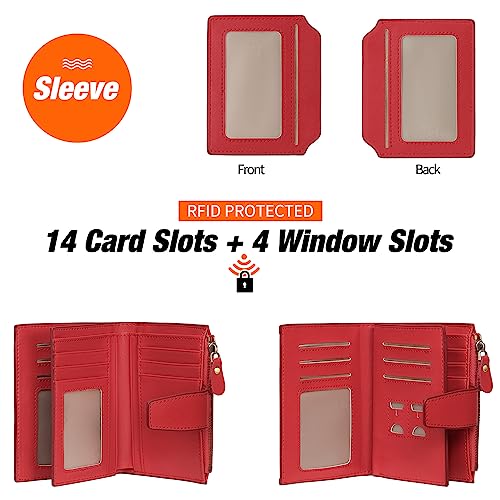Image of GOIACII RFID Secure Wallet for Women Small Card Holder Leather Red | Trifold Billfold, Cross Grain Leather, Compact Size, 4 ID Windows, 12 Card Slots, 1 Zipper Coin Pocket, Minimalist