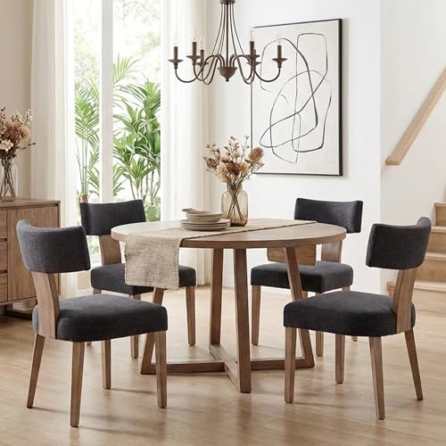 Image of HNY Mid Century Modern Dining Chairs Set of 4, Farmhouse Linen Upholstered Accent Chair Curved Backrest Kitchen Chairs, with Hardwood Frame, Charcoal